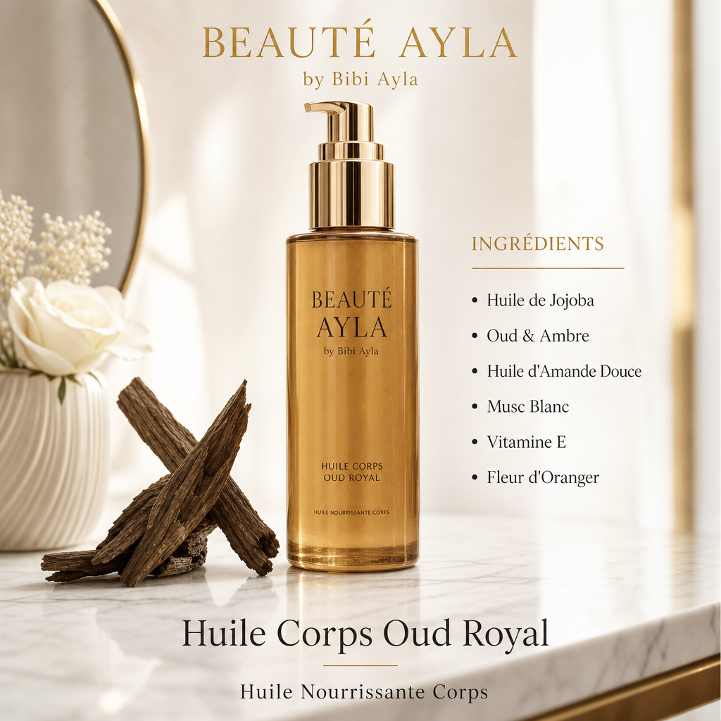 Huile Corps Oud Royal Beauté Ayla — huile nourrissante à l'oud et à l'ambre, liste des ingrédients