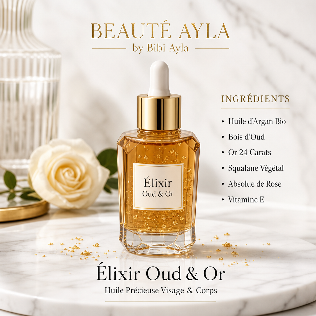 Élixir Oud & Or Beauté Ayla — huile précieuse visage et corps à l'oud et à l'or, liste des ingrédients