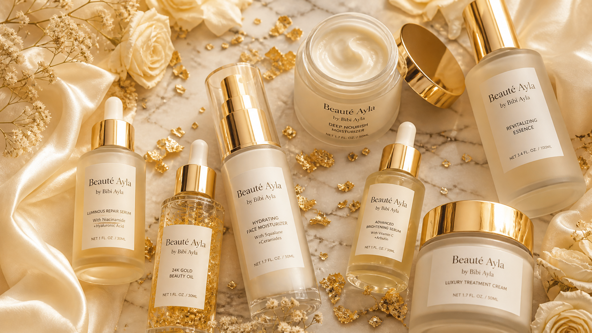 Composition artistique de produits de beauté luxueux Beauté Ayla sur marbre noir avec or et fleurs séchées